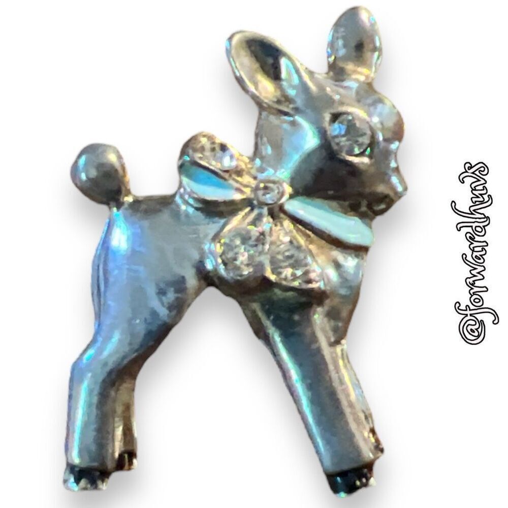 Small Deer Pin Brooch with Rhinestone Eyes & Blue Enamel Bow